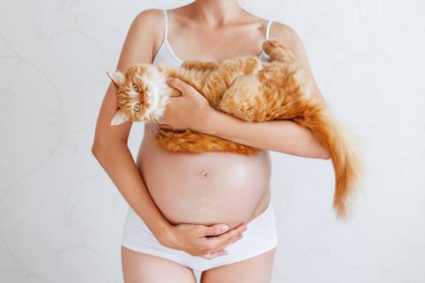 tutora grávida segura seu gato no colo com uma mão e com a outra segura sua barriga grávida de 7 meses.
