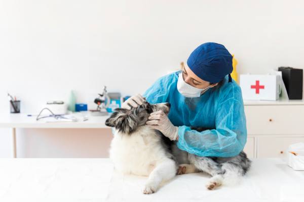 cirurgia-bolinha-do-olho. Veterinária examinando olho de um cachorro.