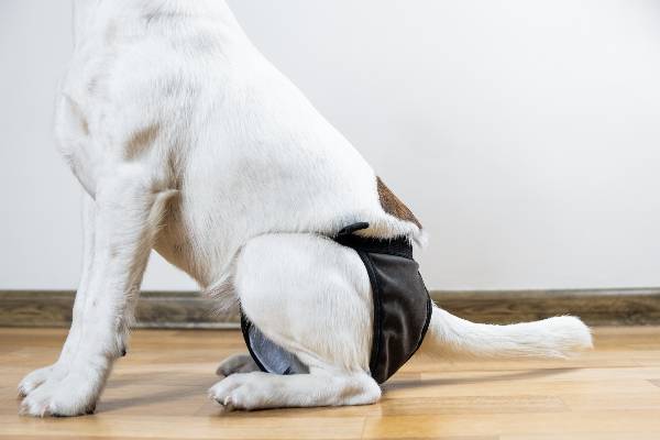 Cadela branca e marrom sentada em um piso de madeira clara. A cadela usa fralda higiênica para reter se a cachorra menstrua.